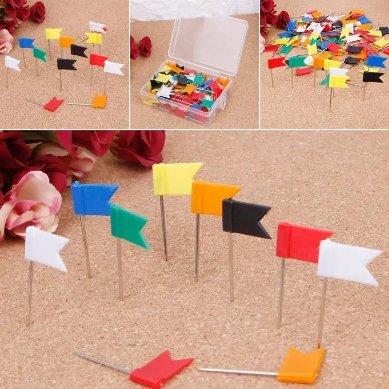 H7JF 100 Pieces Mixed Color Flag Push Pins Thumb Tack Map Drawing Pin Stationery