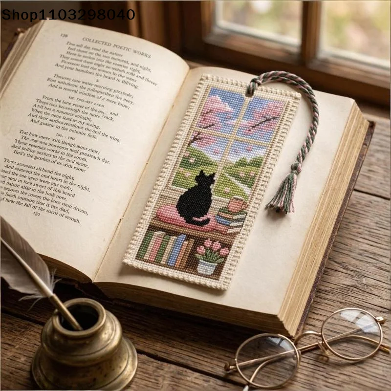 DIY Seasonal Cat Cross Bookmark Material Kit Handcrafted With Braided Rope Book Page Marker Embroidery Kit Women Girls