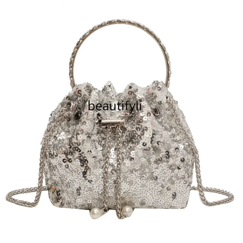 zq Women's Bag Special-Interest Design Summer Chain Shoulder Messenger Bag Sequined Portable Bucket Bag