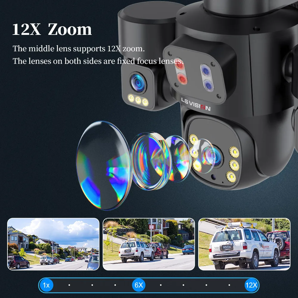 LS VISION AOV 3画面ソーラーカメラ 12倍光学ズーム 屋外 4G 24時間365日録画 CCTVカメラ ソーラーバッテリー PTZレンズ