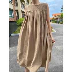 REALEFT Cotton and Linen Sleeveless Dress for Women Summer Mid Length Casual Loose Solid Round Neck Women Dresses Summer