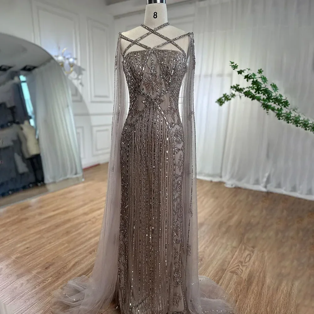 SERENE HILL Arabic Caramel Mermaid Elegant Cape Sleeve Beaded Luxury Evening Dresses Customized 2025 Formal Gown Party GLA71905A