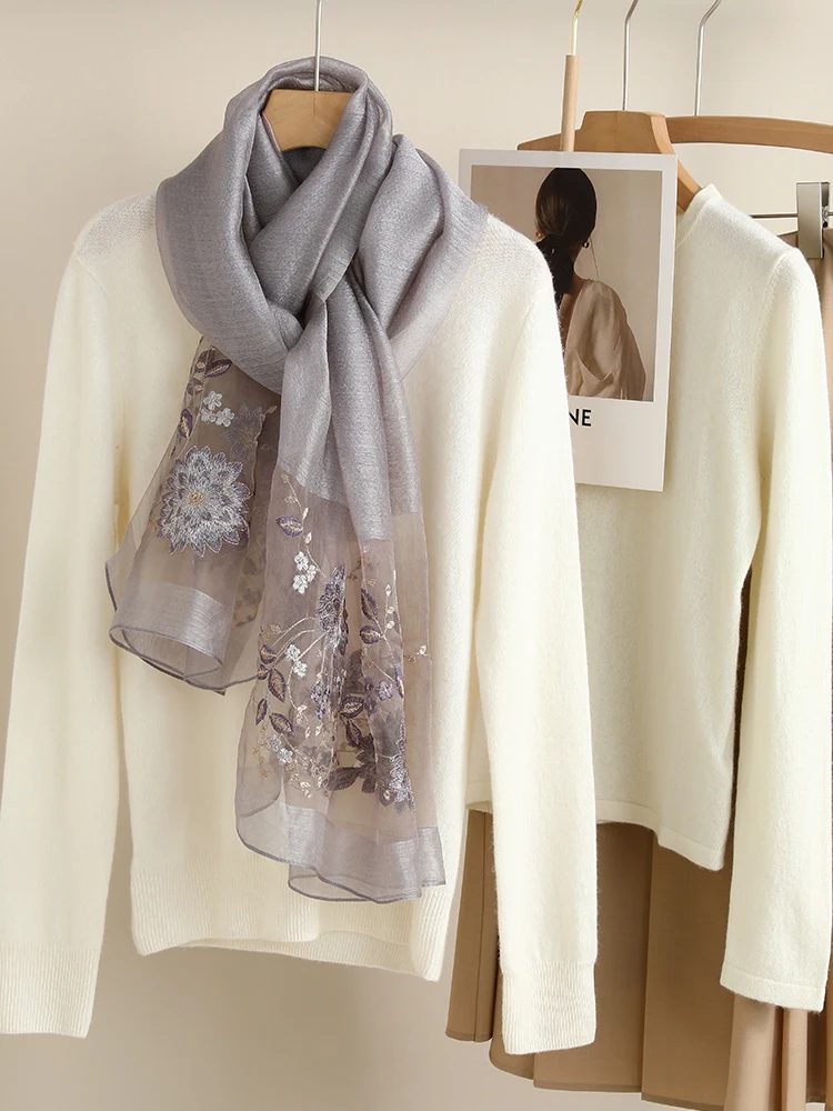 手刺繍シルクスカーフ-レディース-多用途-ママスタイル-ショール-韓国風-多機能-刺繍チュールスカーフ-2025新作
