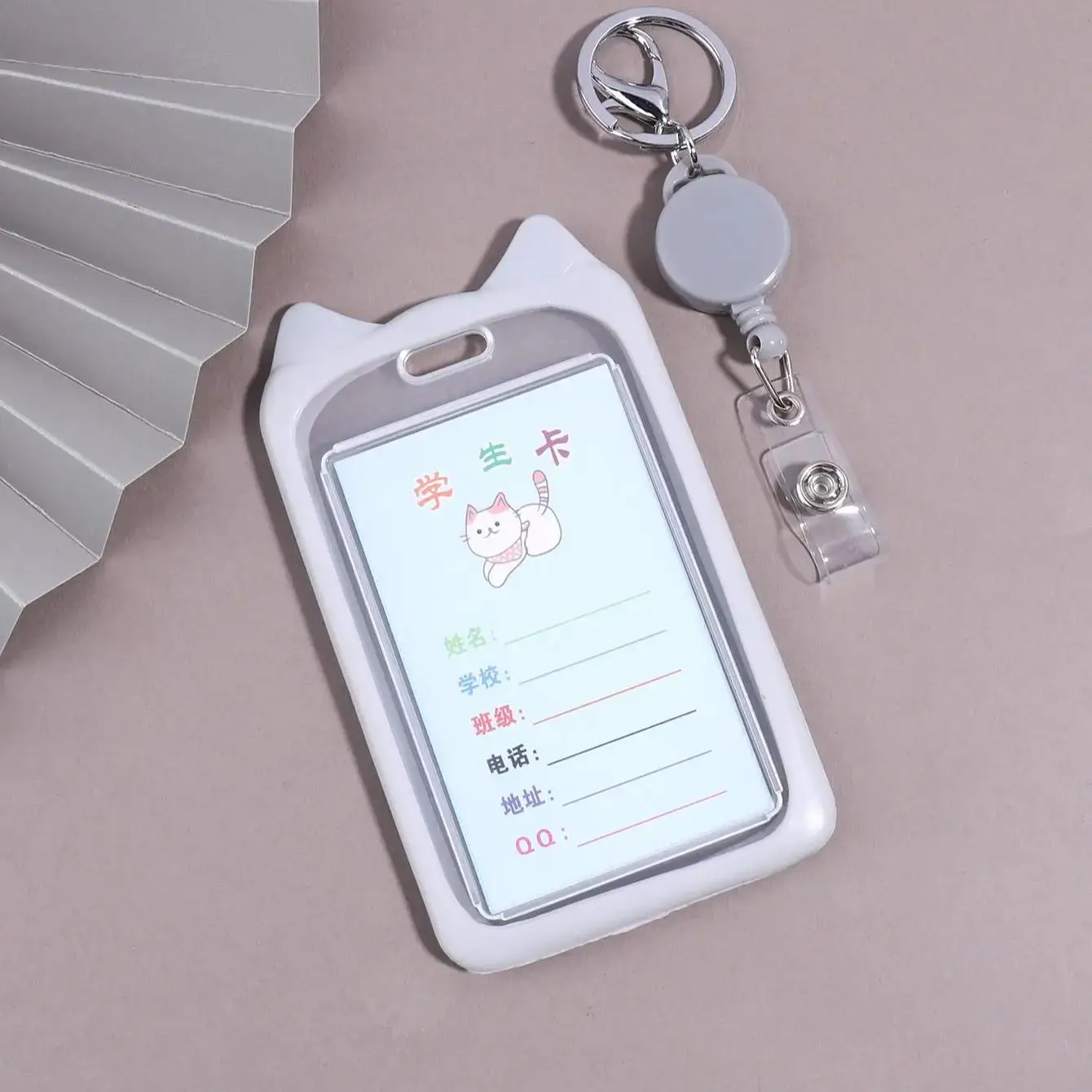 1PC 猫耳スタイリングキーホルダーカードホルダー、ポータブル学生証、バスカード、仕事用ID保護カードケース、キャンパスオフィス用品