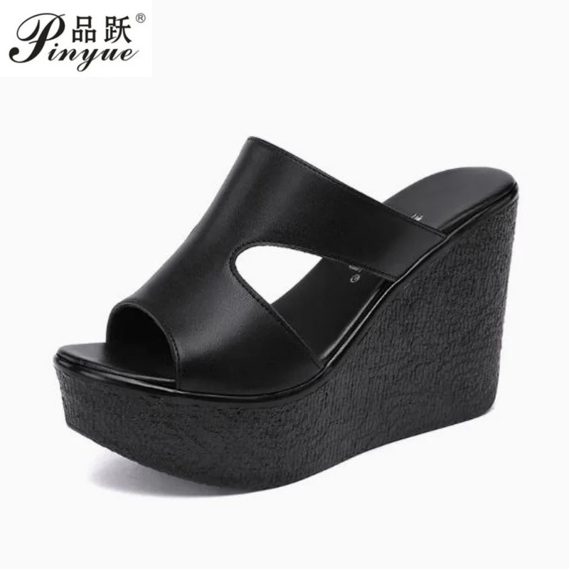 

11cm Women Comfortable Chunky Platform Shoes Genuine Leather Slippers High Heels Wedges Slides Office Model shoes Size 32-43