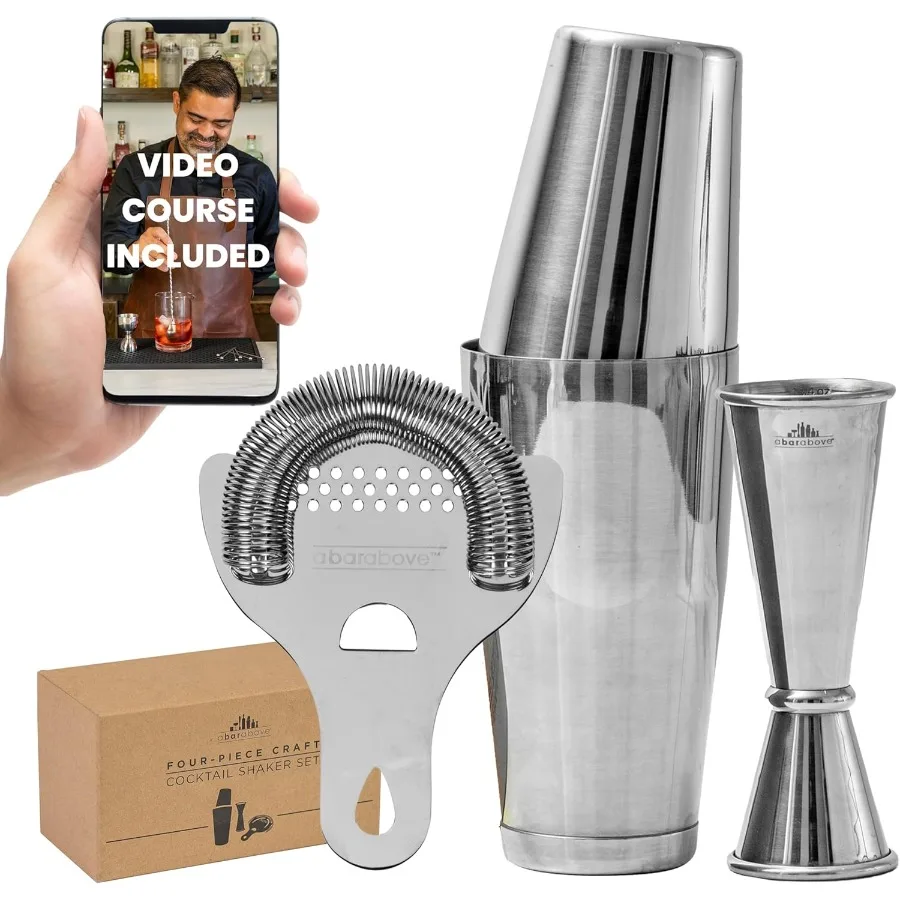 

4-Piece Cocktail Shaker Set, for Professional and Home Bar, Premium Bar Kit Gifts, Includes Strainer, Jigger, Shaker Set, and 4-