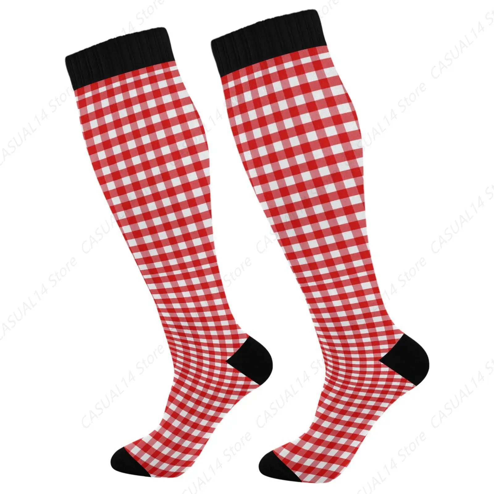 

Red White Gingham Pattern Compression Socks Knee High Socks for Women and Men 15-20mmHg Athletic Support Socks