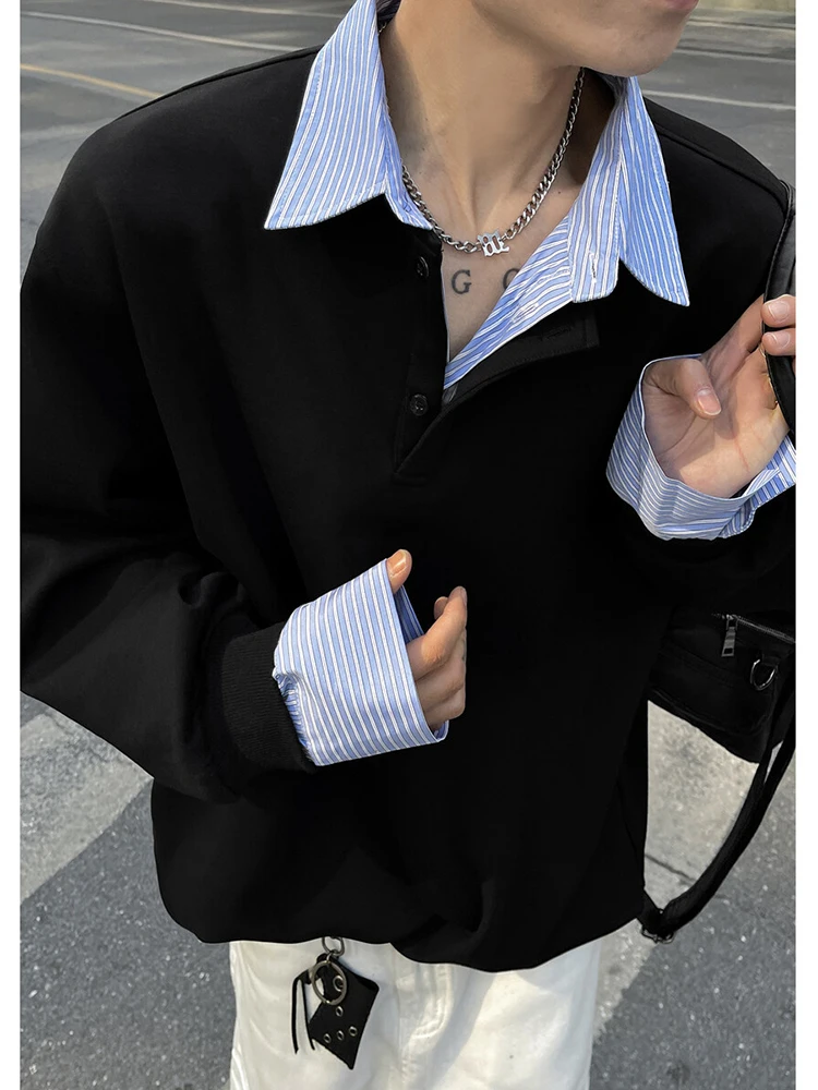 

Men's Long Sleeve Sweatshirt with Shirt Collar Splicing Design Spring Autumn Heavyweight American Shirt Casual Loose Fit
