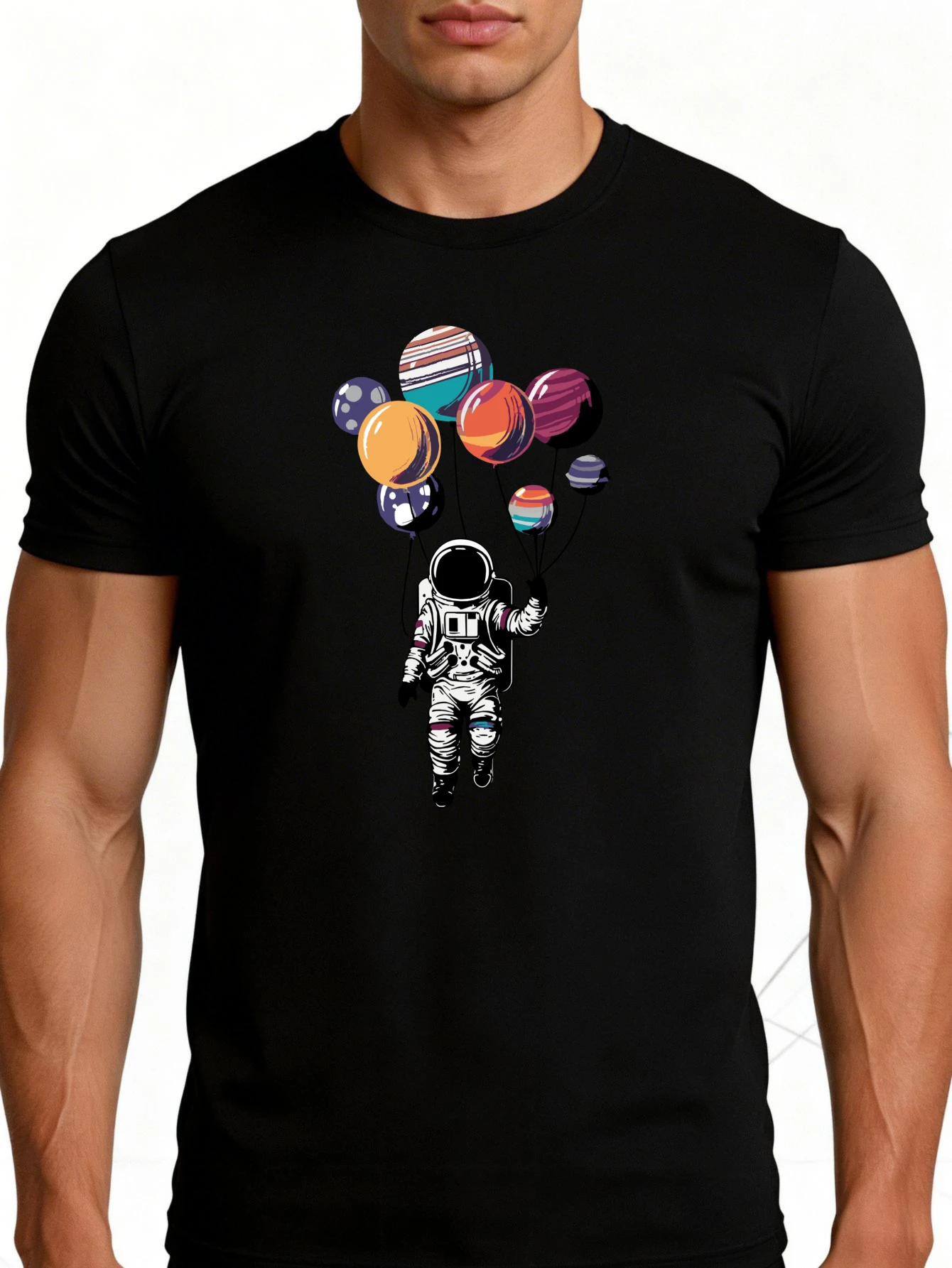 Men's Graphic T-Shirt - Breathable, Soft, Lightweight - Astronaut Floating with Colorful Balloons - Vintage Fun Graphic Casual Short Sleeve Summer Top, Great Gift for Him