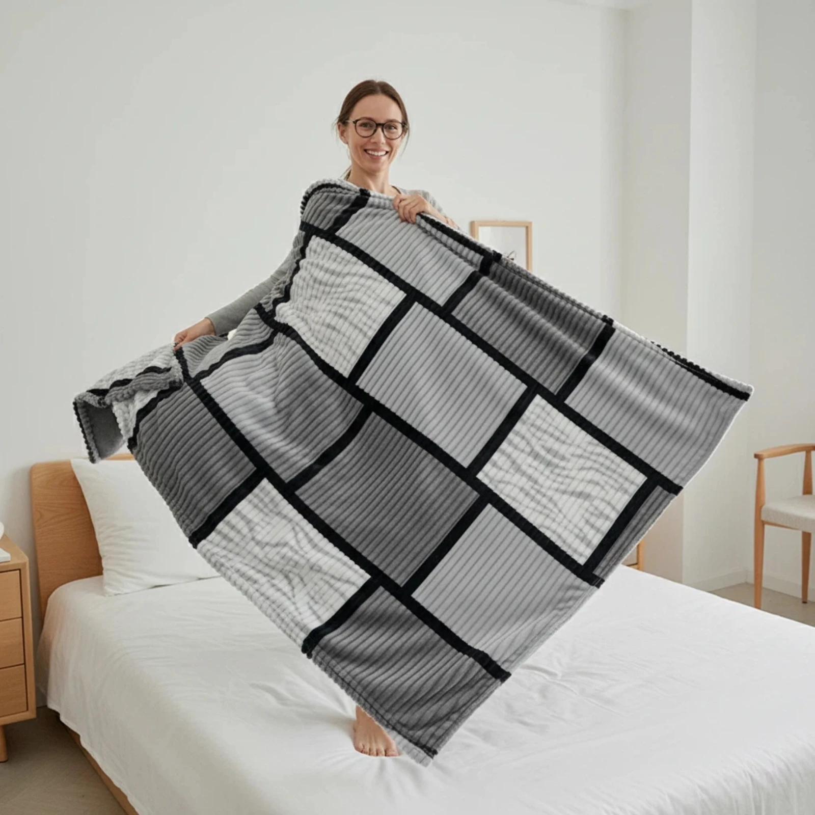 Oversized Plaid Fleece Blanket Queen Size  Block Stitch Textured Design  Ultra Soft Cozy Warm Thick for Winter Bedding