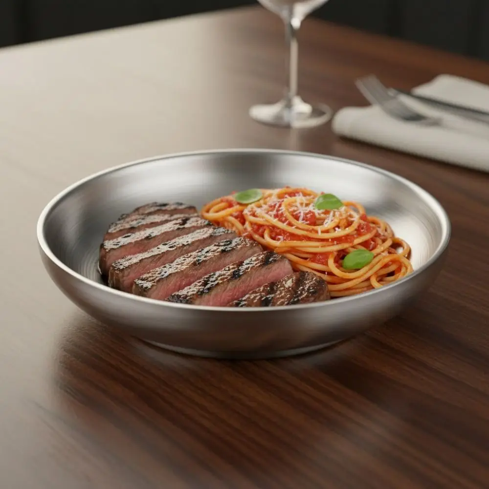 Double Layer 304 Stainless Steel Dishes Round Thickened Steak Plate Non-slip Drop-proof Dinning Plate Restaurant