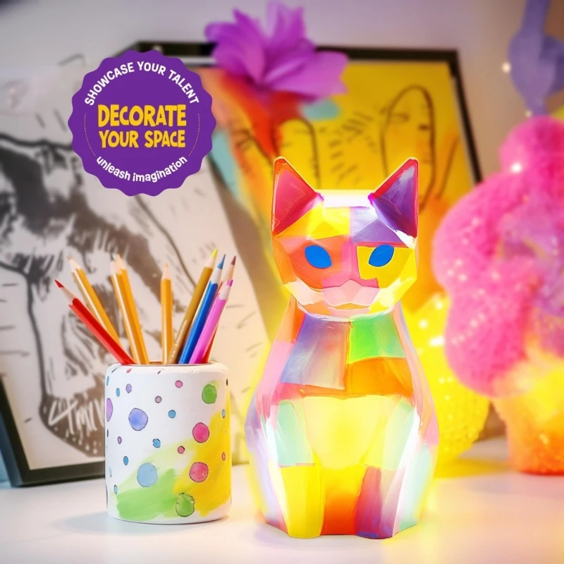 Dunkeln leuchtende Katzen-Malerei-Set, DIY-Lampen-Malerei-Set in Katzenform für Kinder, pädagogisches Kunstspielzeug für D5QF