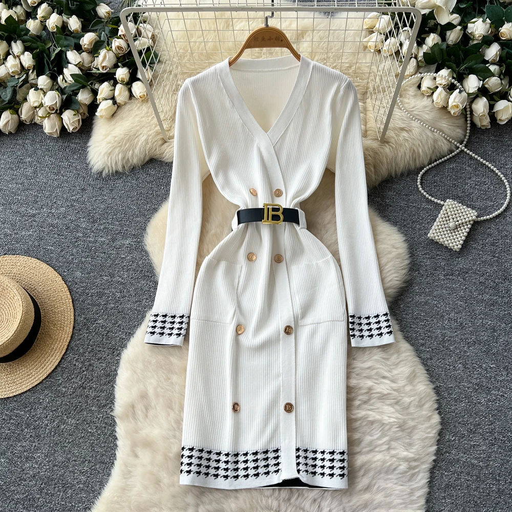 ITOOLIN Schickes weißes, lässiges Strickkleid mit Gürtel, Vintage-Stil, zweireihig, langärmlig, elegant, feenhaft