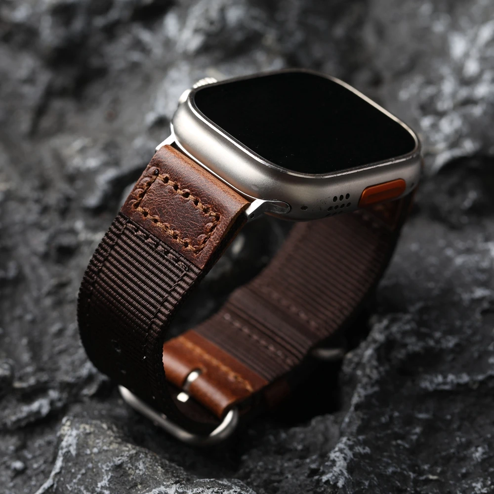 Double Layer Nylon Watchband For Apple Watch Iwatch Ultra2 S8 S9 49MM Brown For Leather Men Bracelet Vintage Style