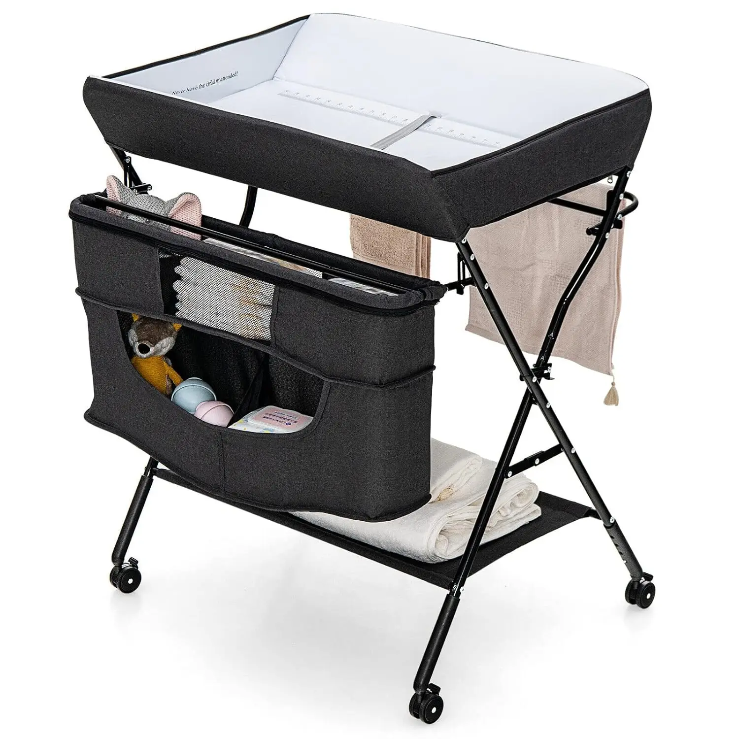

Table, Adjustable Height Portable Diaper Station w/Lockable Wheels, Safety Belt, Large Storage Rack & Bag, Folding Nursery