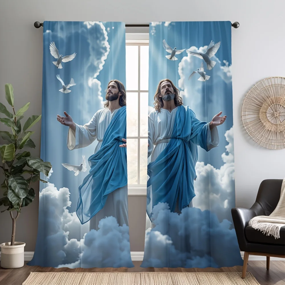 Religious Jesus with Doves Curtains Divine Light Pattern Elegant Living Room Decor Artistic Window Treatment Fashion