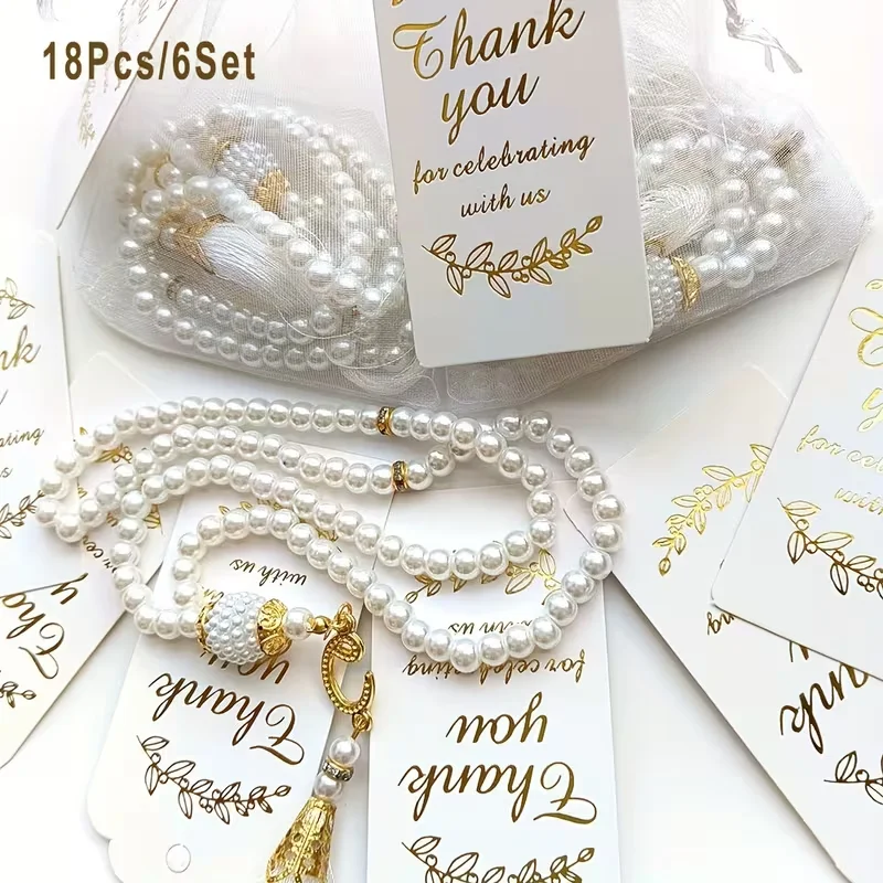 

18pcs 99 Glass Pearl Muslim Tasbih Prayer Beads Bracelet Eid Ramadan Islamic Gift Includes 6 Misbahas, 6 Cards, 6 Organza Bags