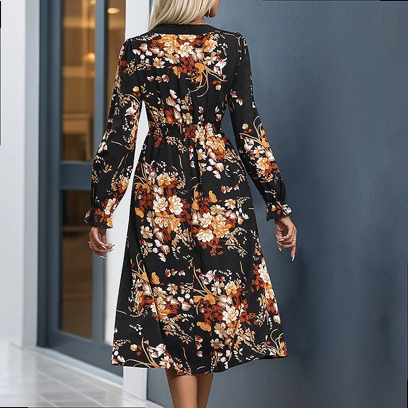 Women's Floral Print Midi Dress Long Sleeve Boho Dresses Spring Summer Casual Flowy Tunic Overall Jumpsuit Playsuit Matching Set view 3