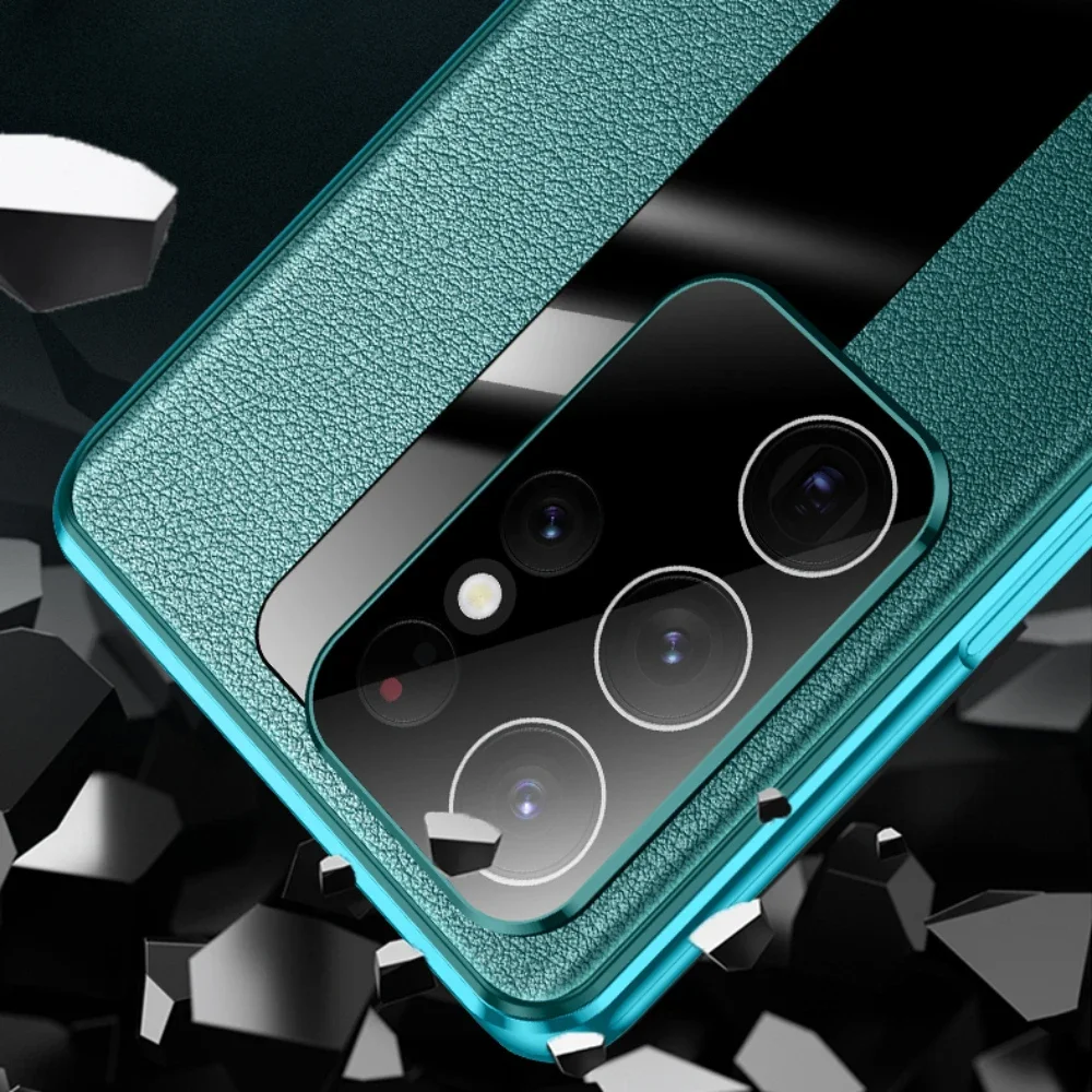 For Samsung S23 S24 Ultra S22 Plus Alloy Metal Bumper Flip Double Sided Protection Leather Shockproof Case Screen Lens Protector