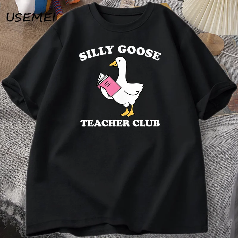 

Футболка Silly Goose Teacher для женщин и мужчин, хлопковая футболка «Назад в школу», футболки с рисунком «Забавный гусь», уличная одежда с круглым вырезом и короткими рукавами