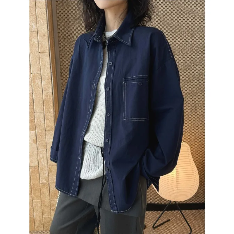 

Johnature Spring Summer New Korean Workwear Outlined Stitch Spliced Button Faux Denim Shirt Large Pockets Loose Tops For Women