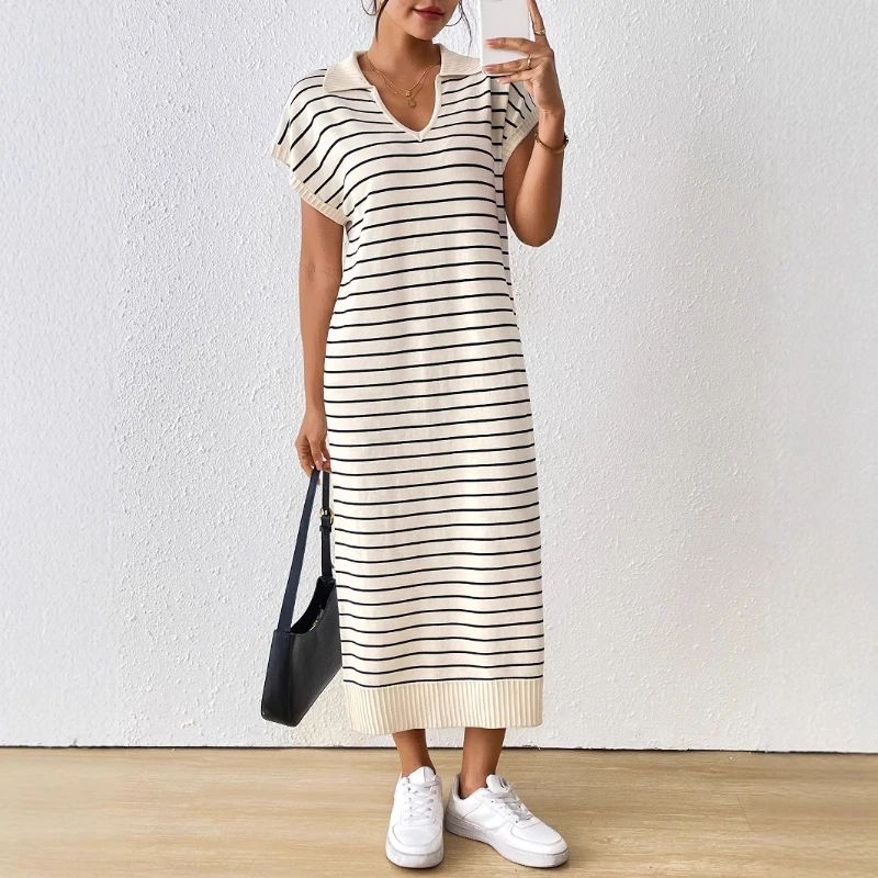 

Striped Long Dress Women Knitted Dresses Vestidos Streetwear V Neck Short Sleeve Elegant Splice Y2k Casual Loose Summer 2025