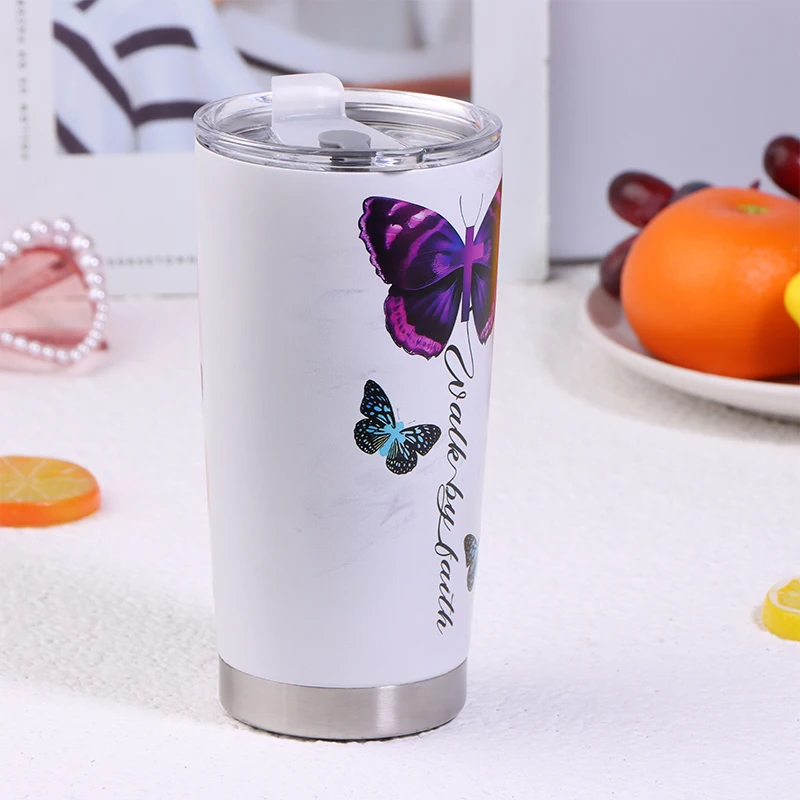 1pc 20oz Butterfly Tumbler Cup With Lid Stainless Steel Double Wall Vacuum Thermos Insulated Travel Coffee Mug