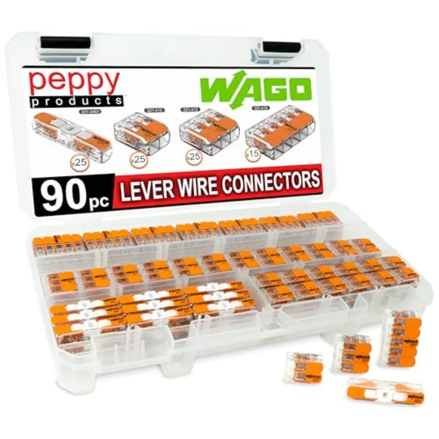 

WAGO 221 Lever Nuts 90pc Compact Splicing Wire Connector Assortment with Case. Includes 221-2401, 221-412, 221-413, 221-415