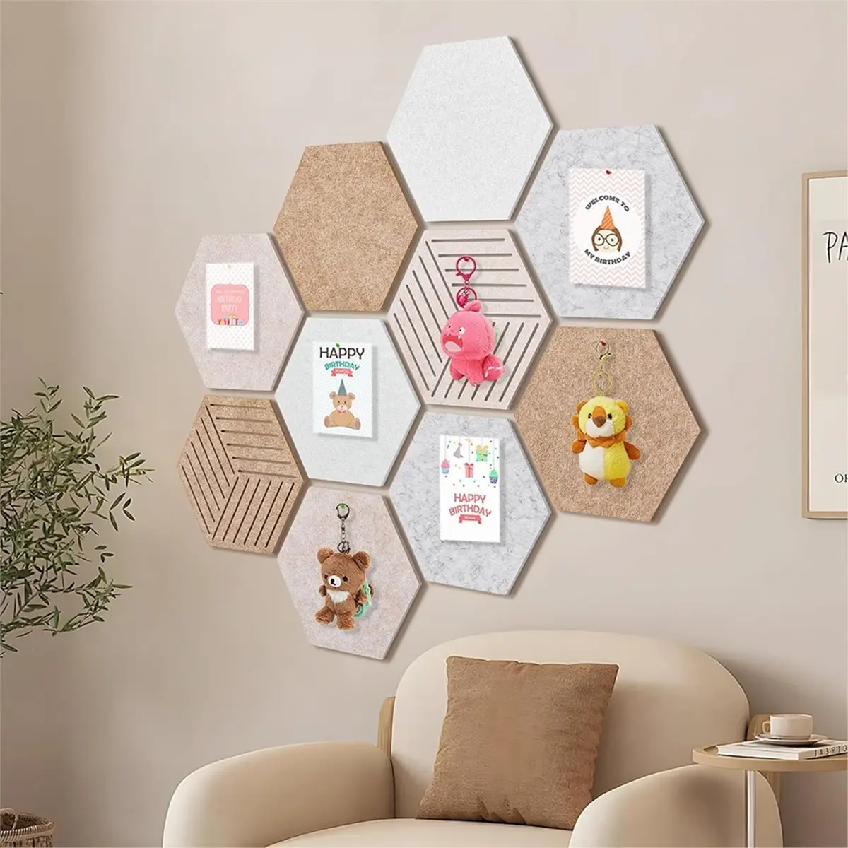 COFA Hexagon Cork-Bulletin Board Tiles 10 Pack 12'' X 10'' Adhesive Small Cork Board Hexagon for Wall Decor 30 Pins