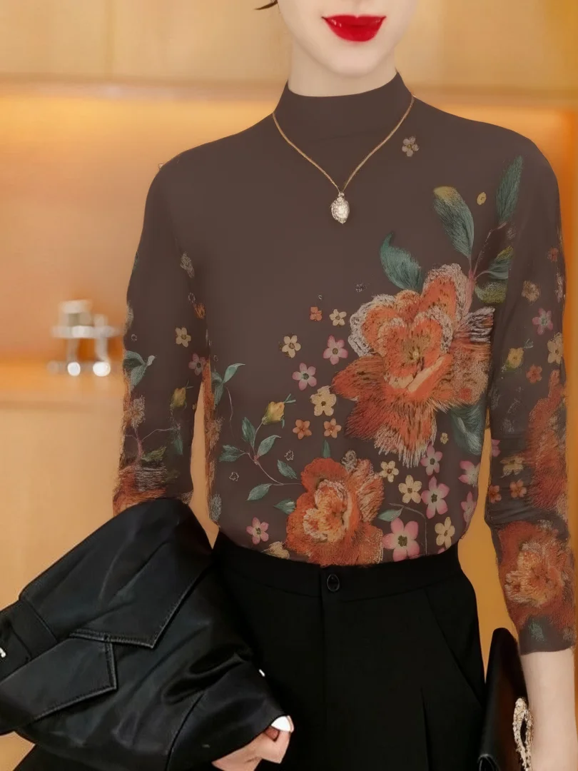 

Утепленный флисовый термотоп с длинными рукавами и принтом для женщин среднего и пожилого возраста, с воротником-стойкой, элегантный стиль, для повседневной носки