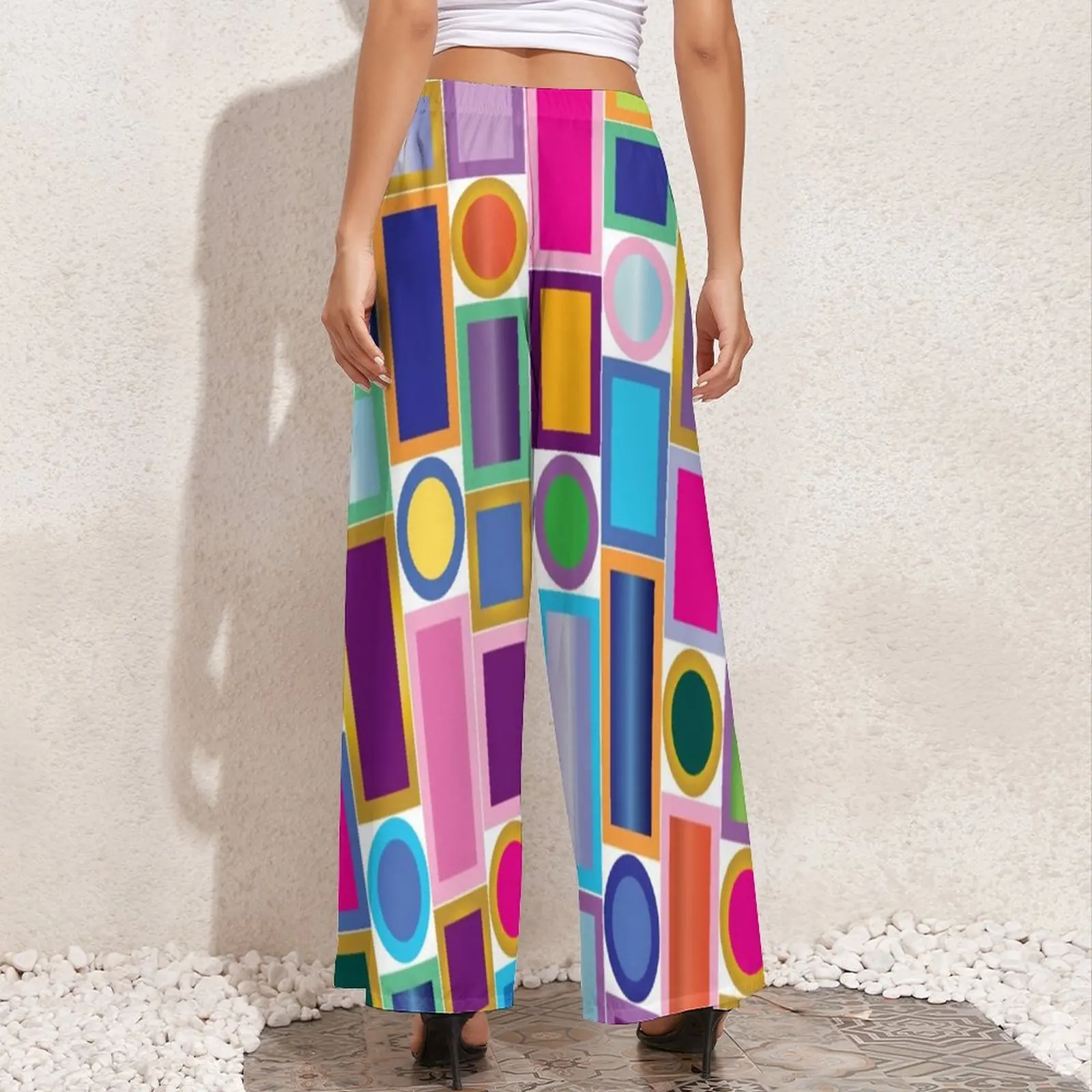 Mid-Century Color Bling Straight Pants Geometry Casual Wide Leg Pants Woman Oversized Beach Printed Trousers