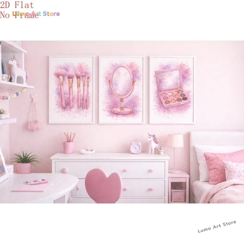 2D Flat, 2D Flat, 2D Plane Three Fashion Perfume Makeup Brush Boba Milk Tea Books Art Decorative Painting, Wall Art Canvas Pr