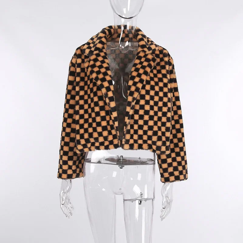 Orange Checkerboard Lapel Short Jacket Fluffy Faux Fur Plush Loose Coat Winter Dress Women Street Fashion Dress Retro Coat Women