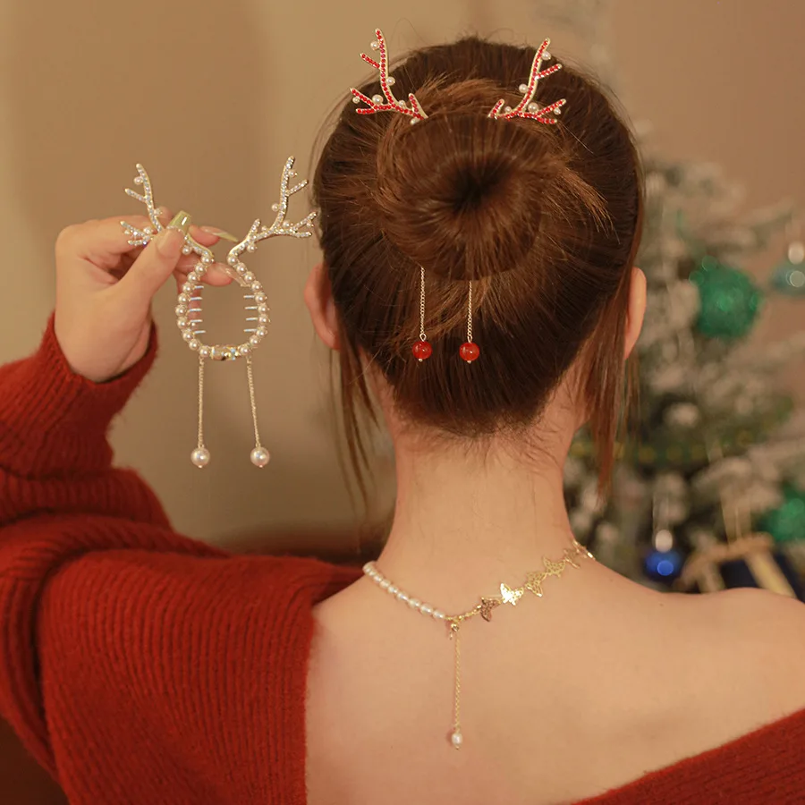 

Romantic Sparkling Diamond Antler Tassel Hairpin Women's Back Head Ball Headband Hair Clip High-end Autumn and Winter Headwear