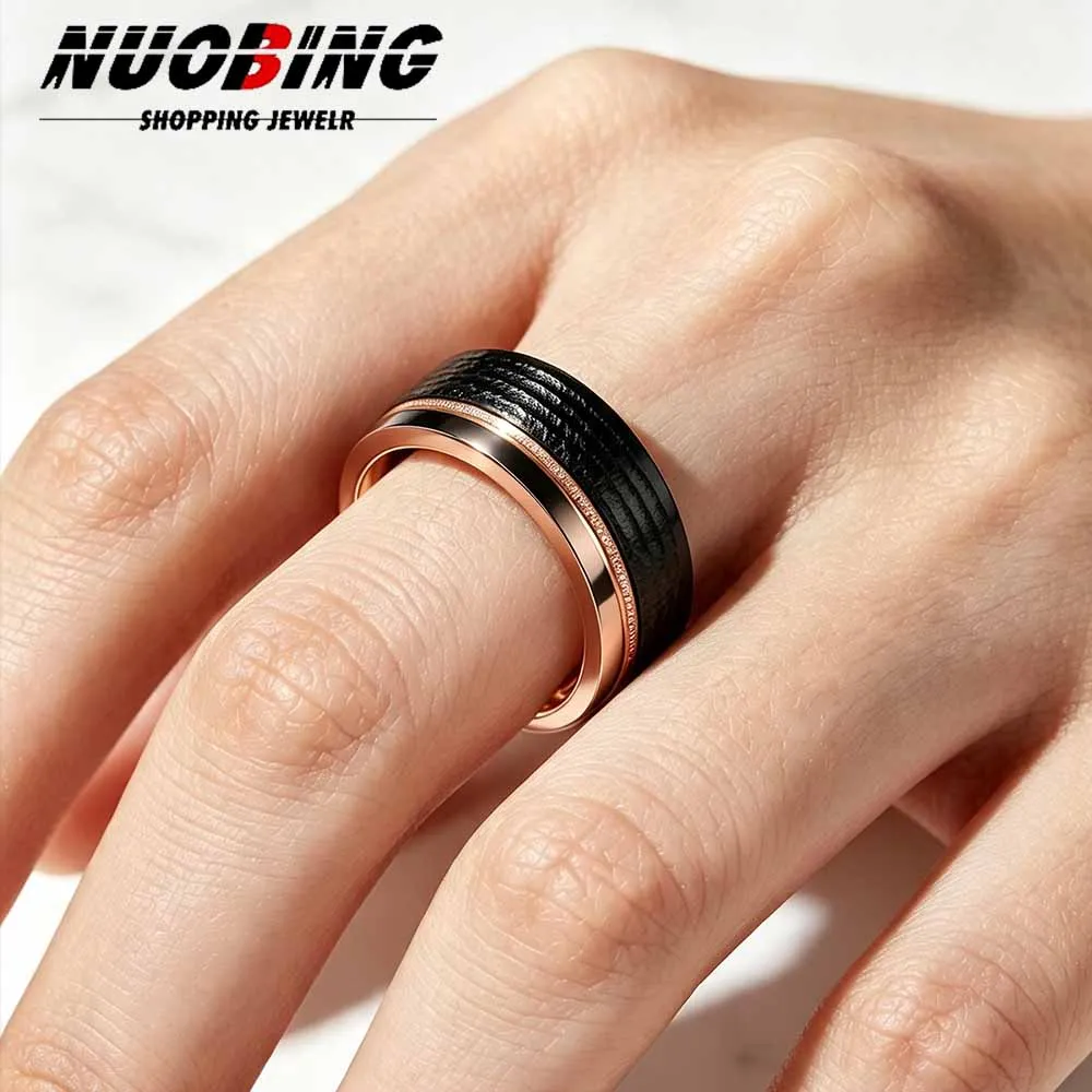 Anillos de tungsteno negro de 6 mm para hombre y mujer, finos, con ranura de oro rosa, martillados, para boda, de acero inoxidable, joyería cómoda