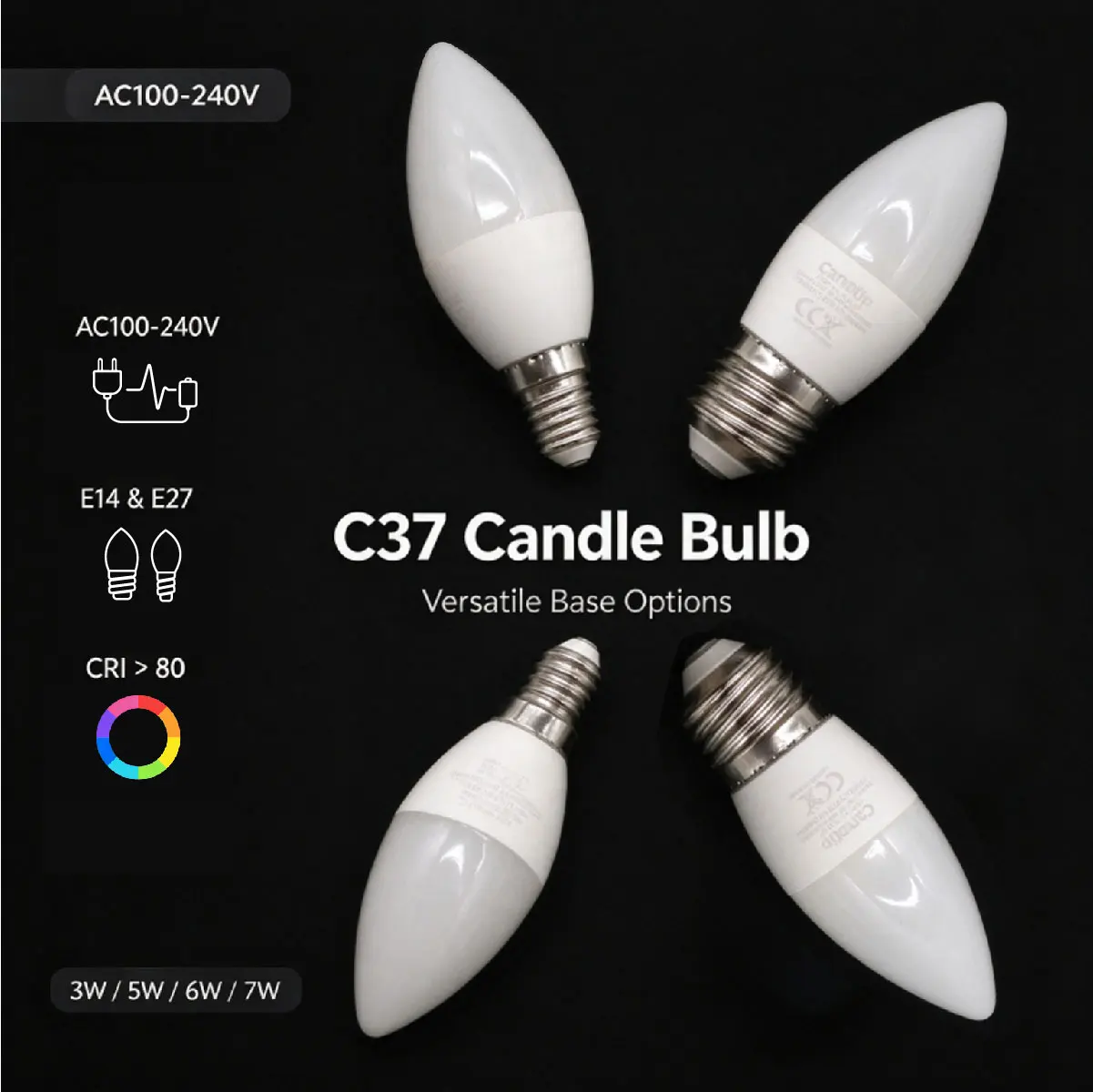Decorative Candle LED Bulb E14 E27, AC100-240V 3W 5W 6W 7W Multi Wattage Candle Shape Lamp for Indoor Chandelier Foyer Lighting
