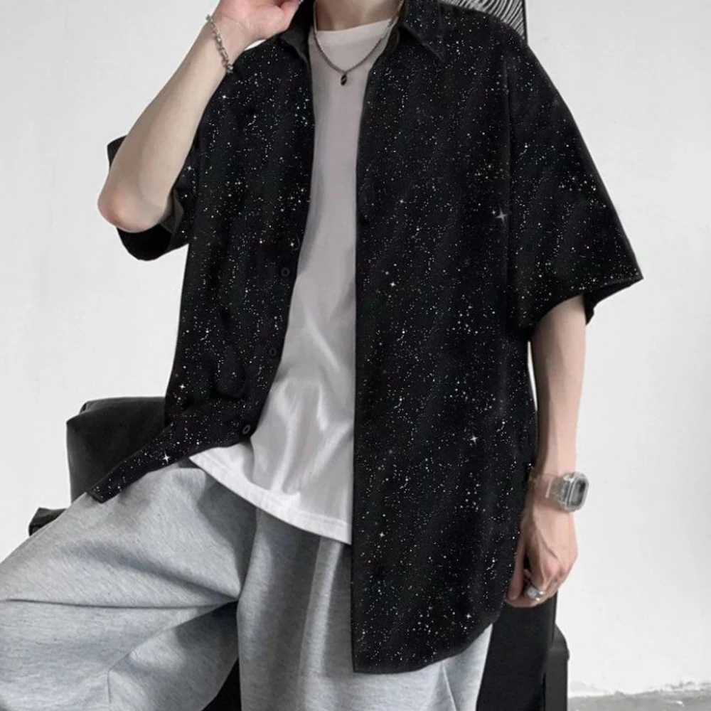 Printed Star Shirts Men Loose Fashion Trendy Retro Harajuku Shorts Sleeve Casual Streetwear Korean Hip Hop