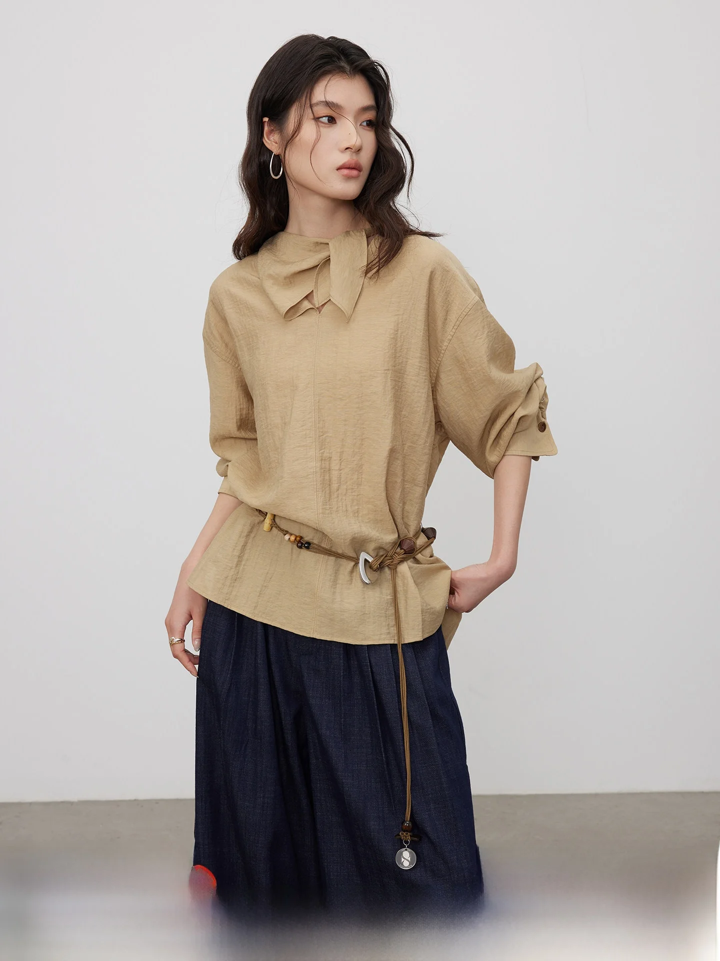 

KEARA Women's Long Sve Overhead irt Texture Knot Spring New Asymmetric Loose Inner irt Top Korean Sle Breathable