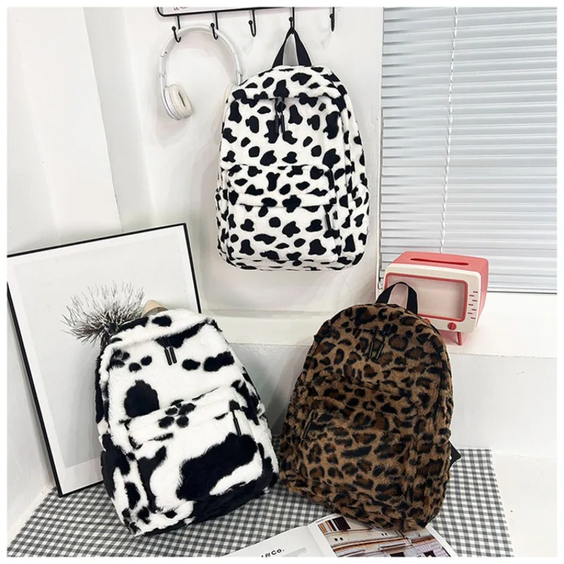 Plush Leopard Backpack Teenagers School Bag Large Capacity Fashion Students Bookbag Stylish Shoulder Backpack TravelOutdoor 2025