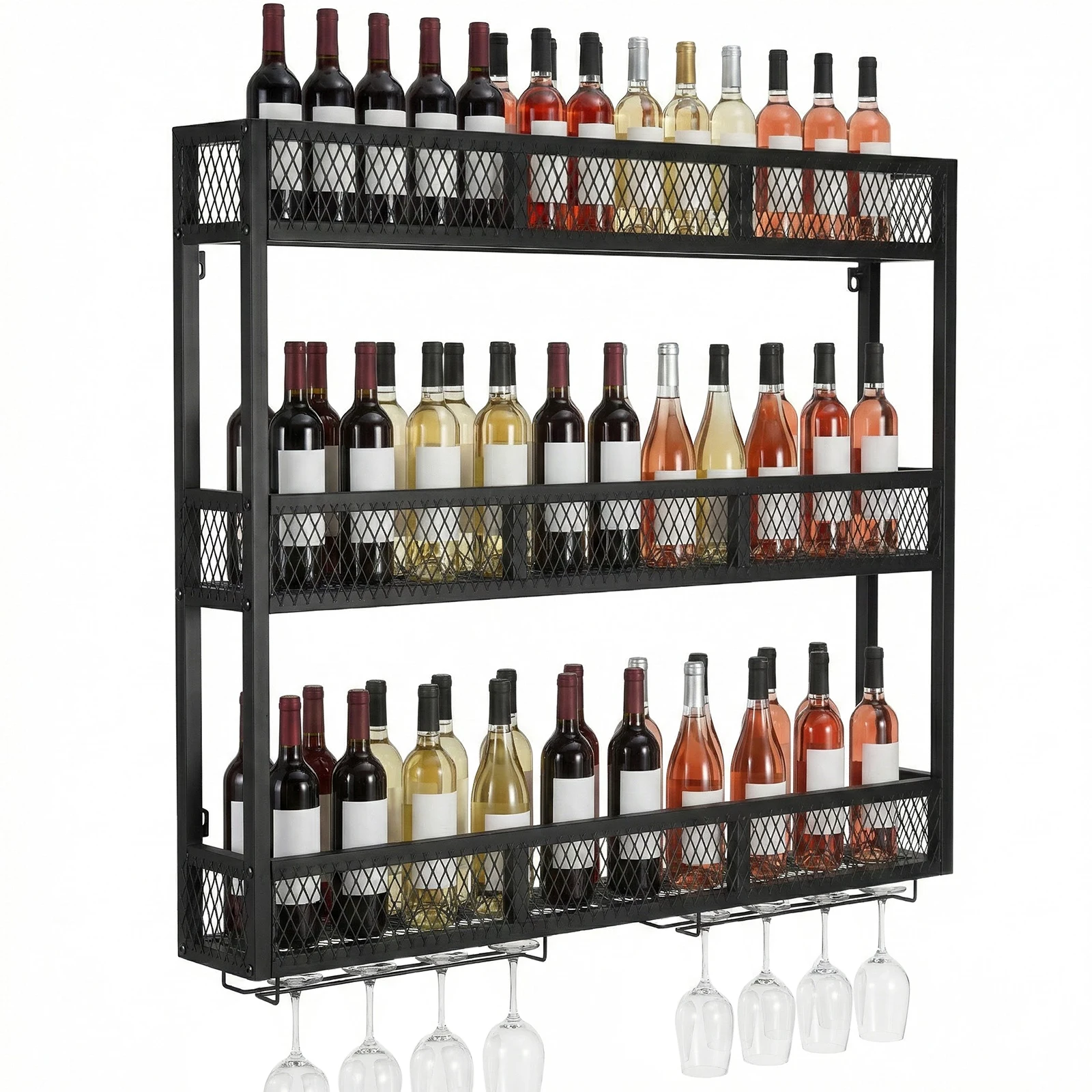 

39in 3-Tiers Wine Bottle Display Shelf with Glass Holder Metal Wine Bottle Display Rack for Kitchen Bar Dining Rooms Decoration