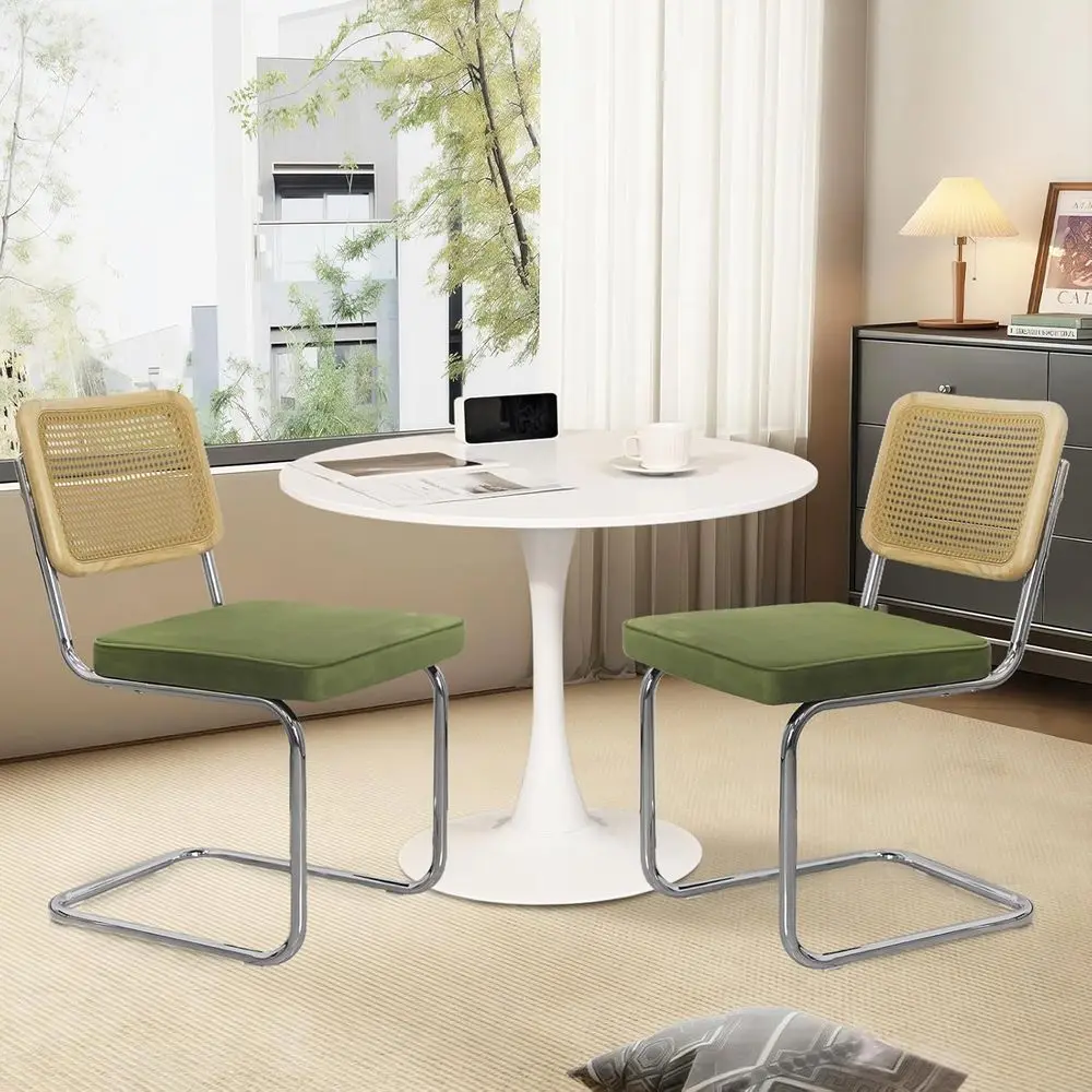 

Space-Saving 31.5 Round Dining Table Set with 2 Olive Green Velvet Chairs for Small Kitchens