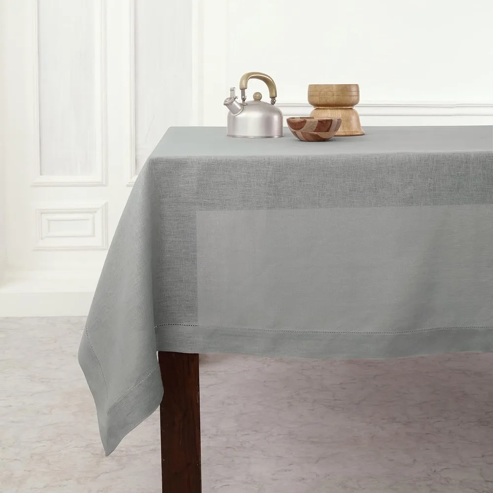 Home Soft Grey Linen Tablecloth 60 x 90 Inch 100% Pure Linen Classic Hemstitch Tablecloth Machine Washable Dining Tablecloth