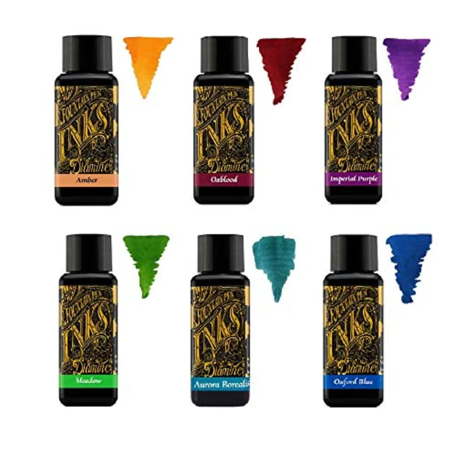 

Fountain Pen Ink 30 ml Colour Palette 6 x Bottles Amber, Oxblood, Imperial Purple, Aurora Borealis, Oxford Blue, Meadow
