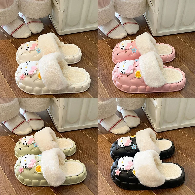 

New Kawaii Hello Kitty Cartoon Platform Cotton Slippers Girls Winter Arrival Warm Comfortable Home Outdoor Fuzzy Cotton Slippers