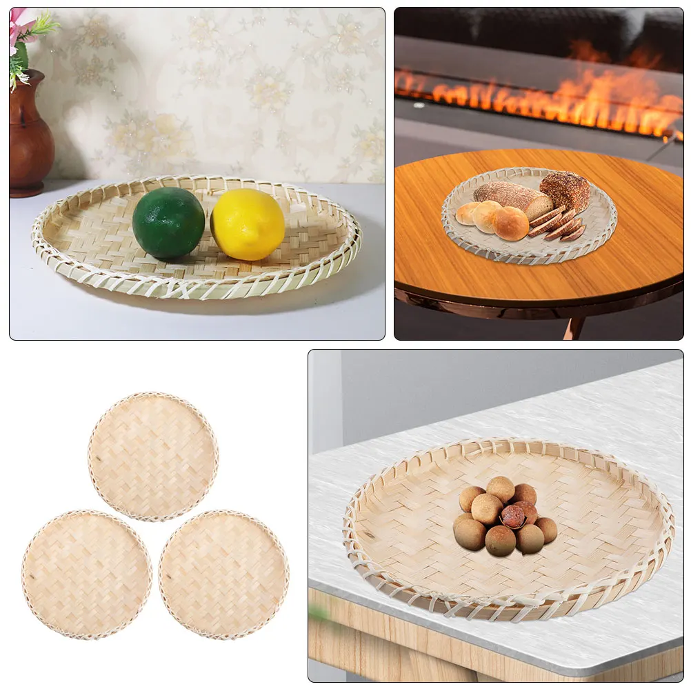 

3pcs Bamboo Weaving Dustpan Basket Kitchen Tray Round Fruit Dry Wicker Food Flat Storage Baskets Practical Bread Holder