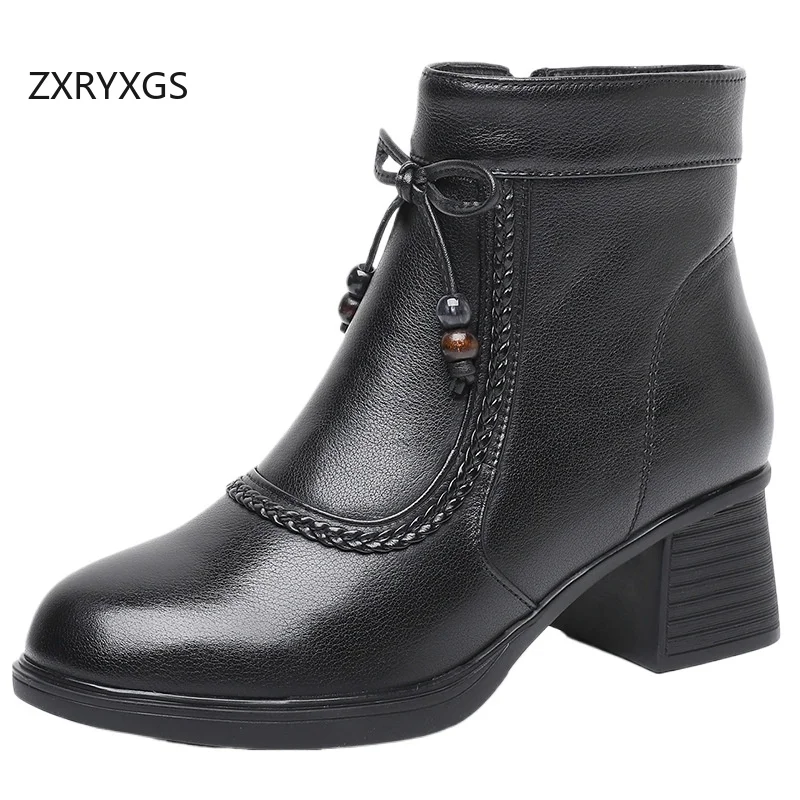 

ZXRYXGS, одинарные ботинки премиум-класса из воловьей кожи, модная обувь, зимние ботинки из натуральной кожи большого размера, зимние толстые ботинки на среднем каблуке