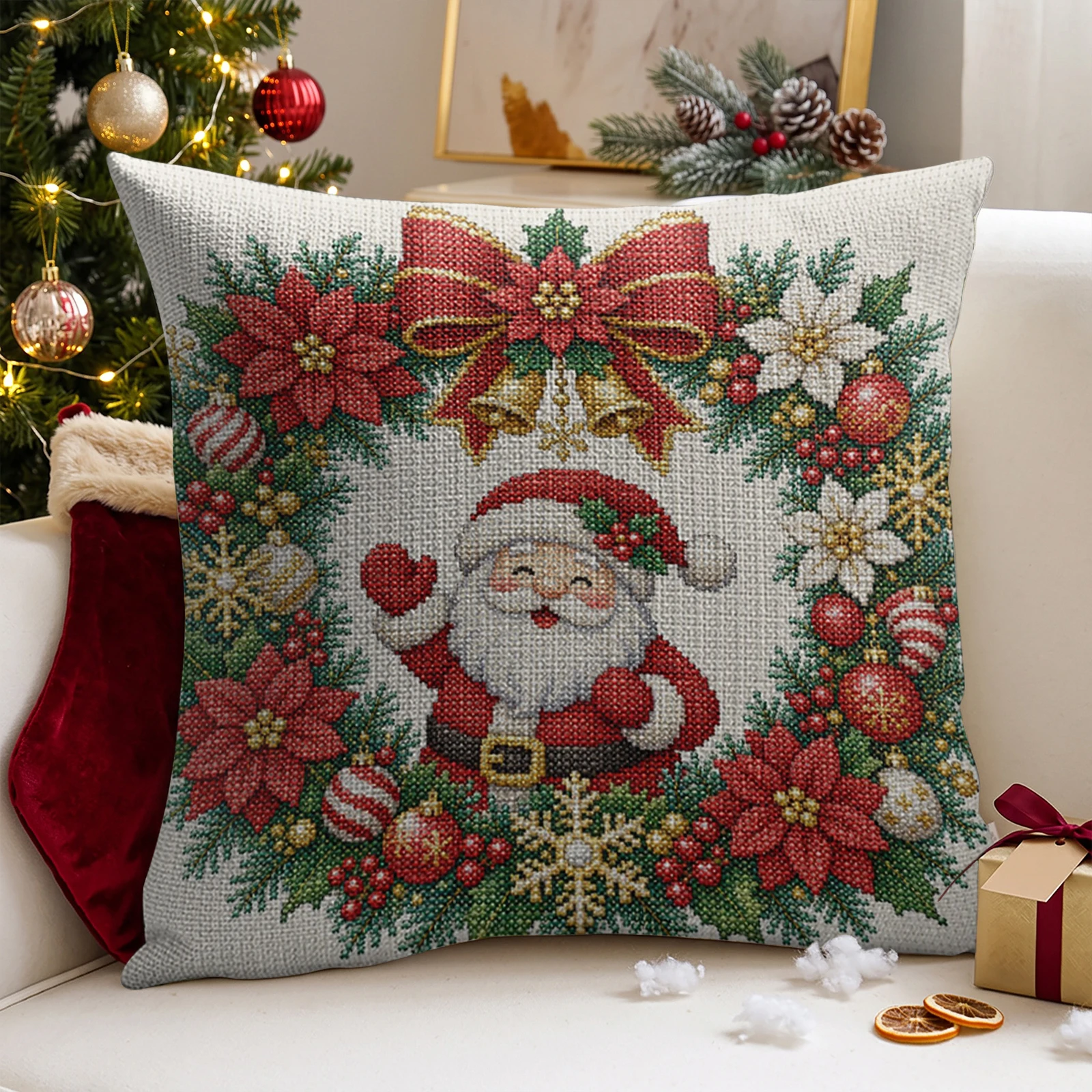 DIY Embroidery Kit 11CT  Stitch Cushion Cover 45x45cm Christmas Printed Canvas 3 Strands Cotton Thread