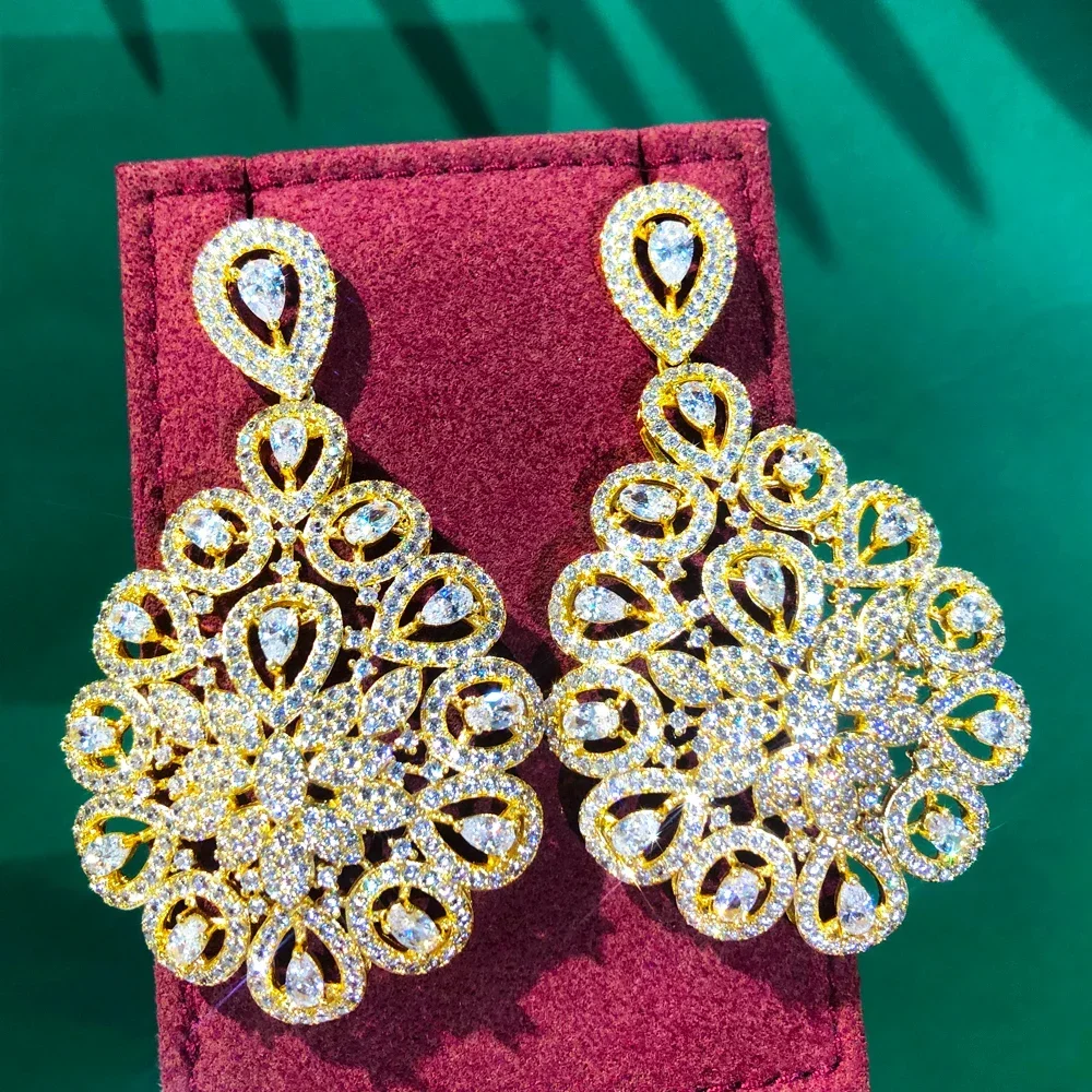 

Kellybola Charms Luxury Fireworks Flower Earrings Full Mirco Paved Crystal Zircon Dubai Wedding Drop Earring Fashion Jewelry