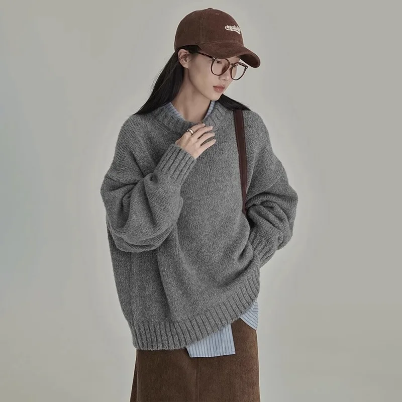 Literary Retro Jumper Tops Female Autumn Winter Round Neck Loose Lazy Style Bottom Knitted Sweater Blouse Long-sleeved Pullovers