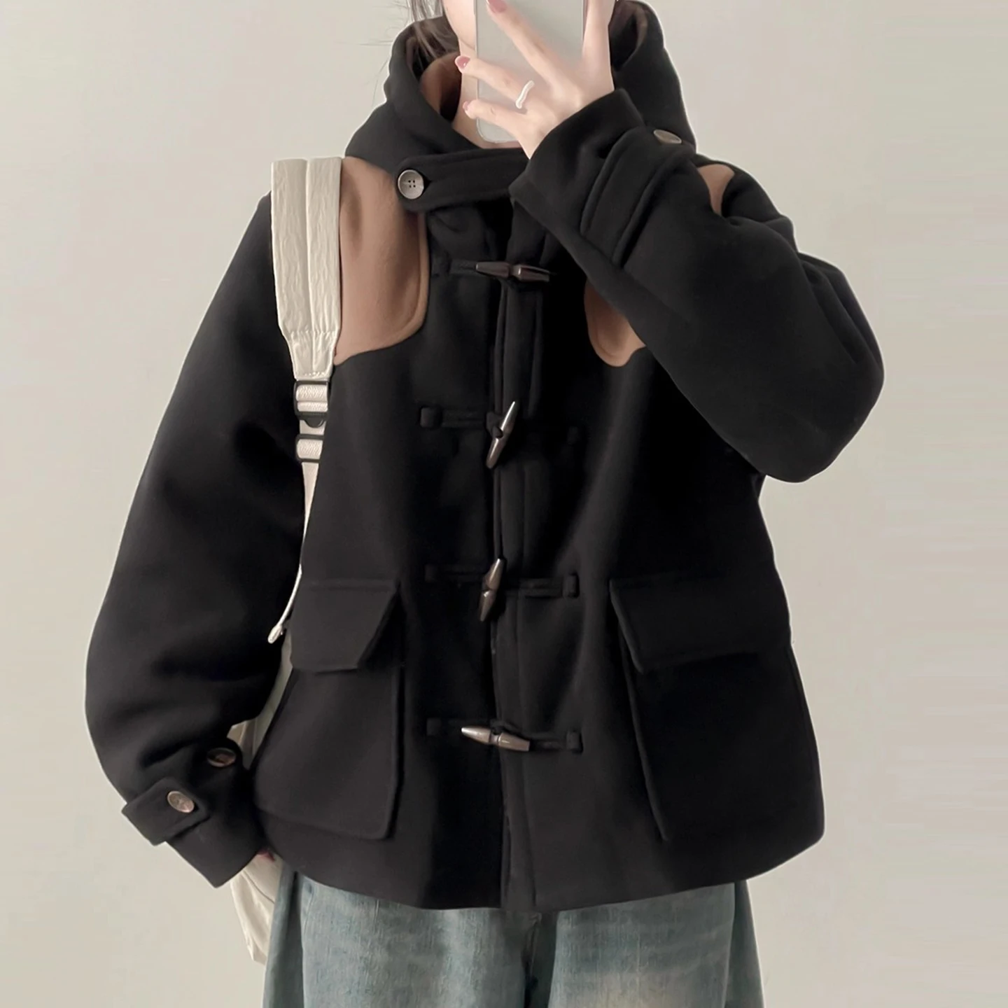 الرجعية القرن زر اللون بلو قبعة معطف الصوف المرأة فضفاض كيت أعلى شتاء جديد Sle النسخة الكورية طويلة Sve زر واحد #2